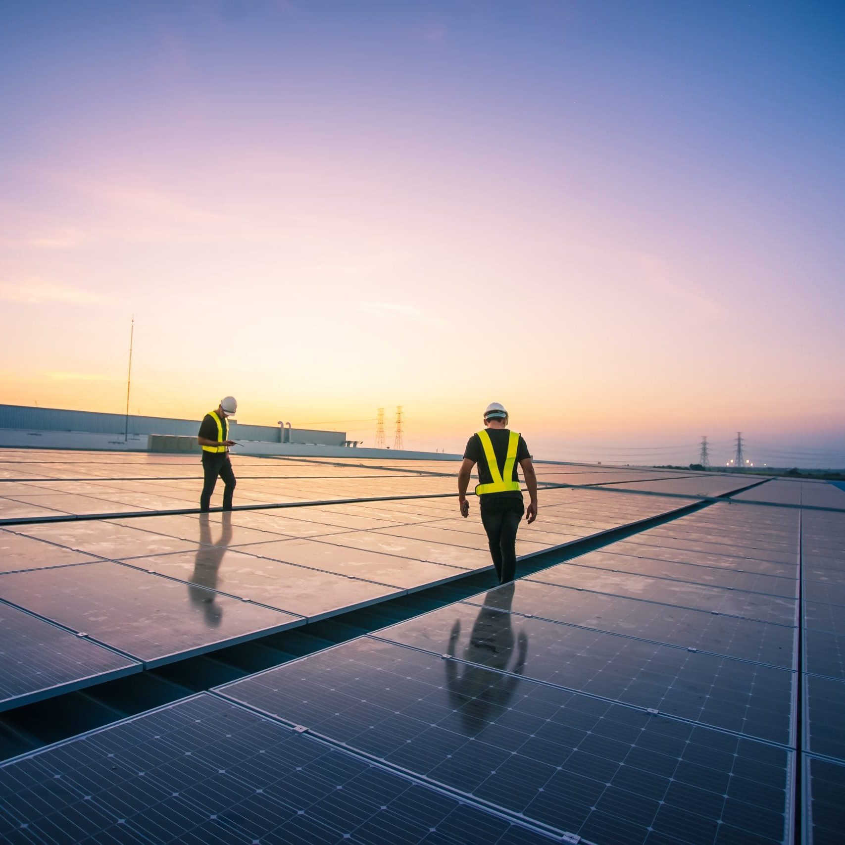 Technology solar cell, Engineer service check installation solar cell on the roof of factory on the morning. Silhouette technician inspection and repair solar cell on the roof of factory.
