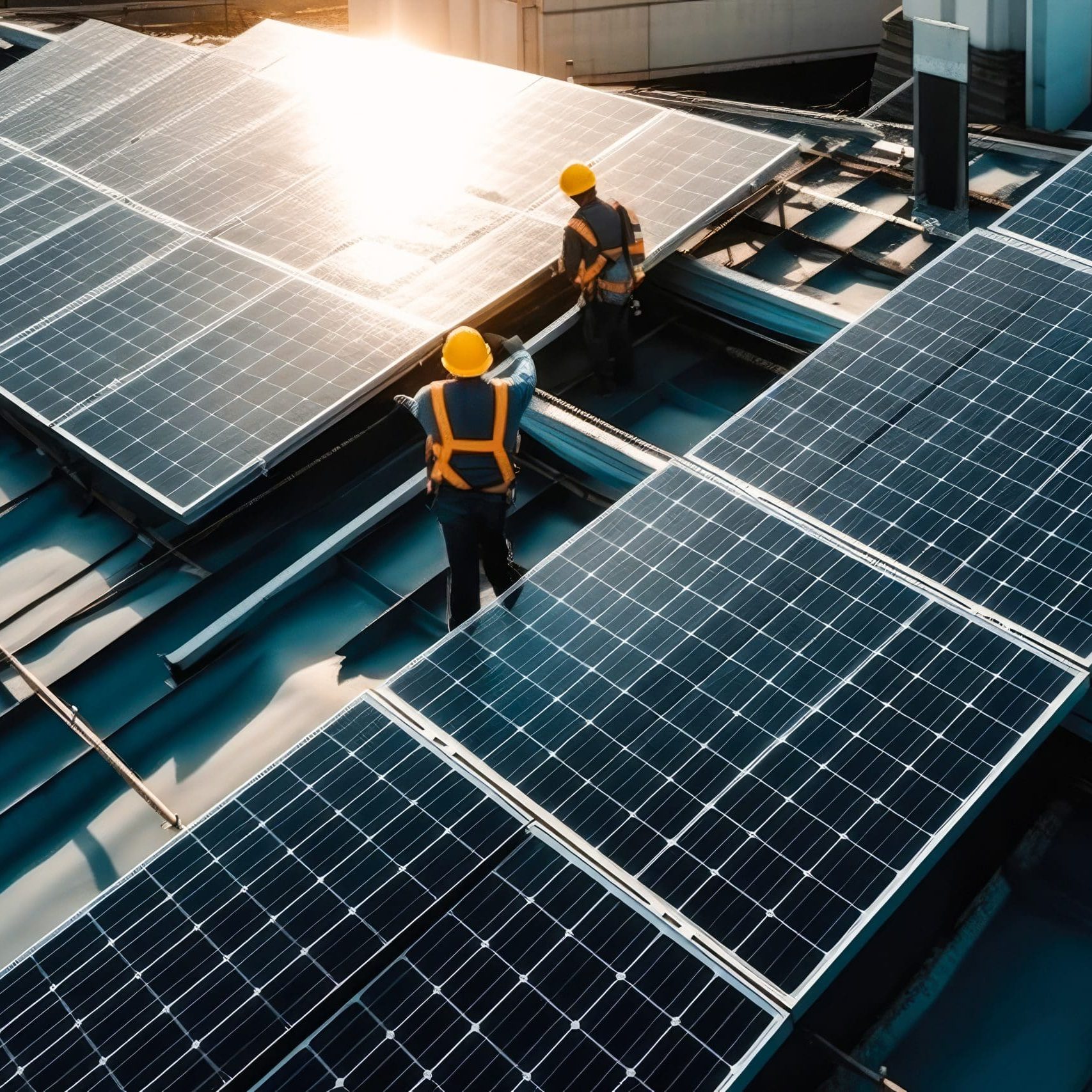 Engineers installing photovoltaic solar panels. Generative AI